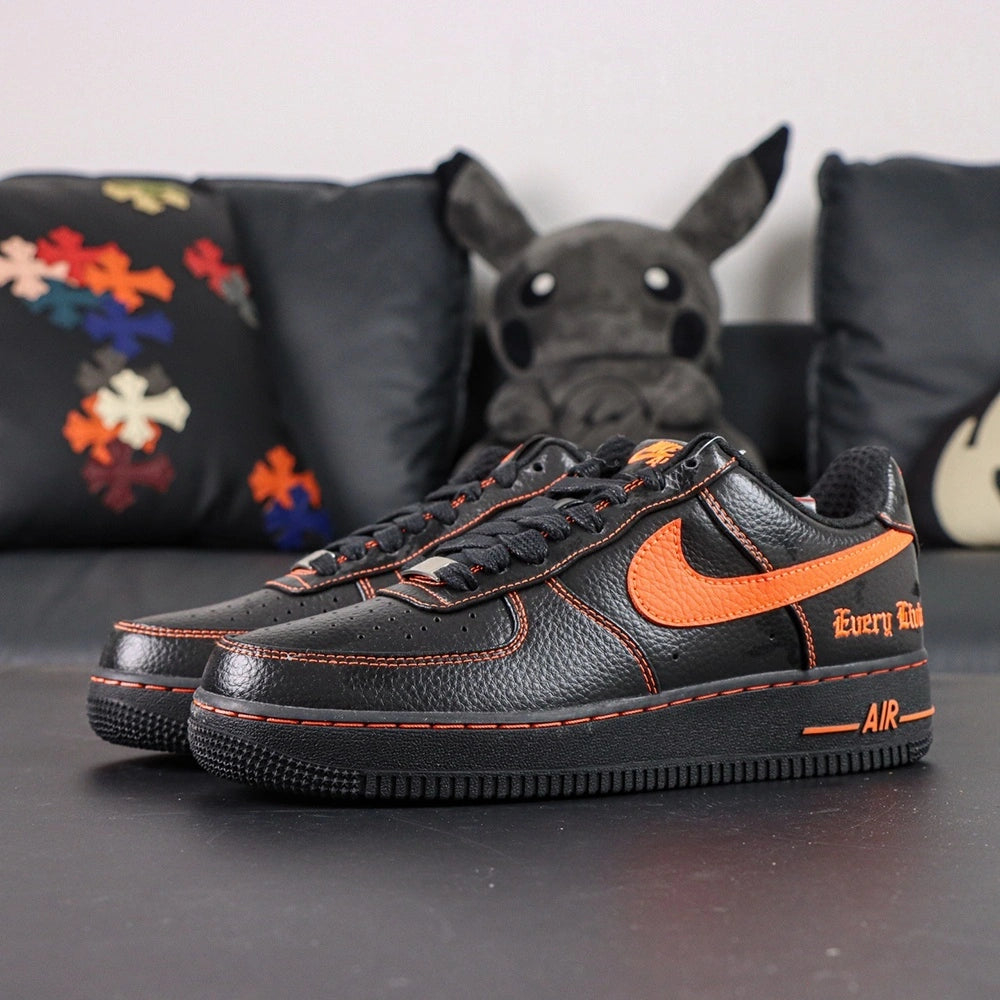 Vlone x NikeLab Air Force 1 Vlone - pair rear view orange V Vlone embroidery gothic text close up Pikachu