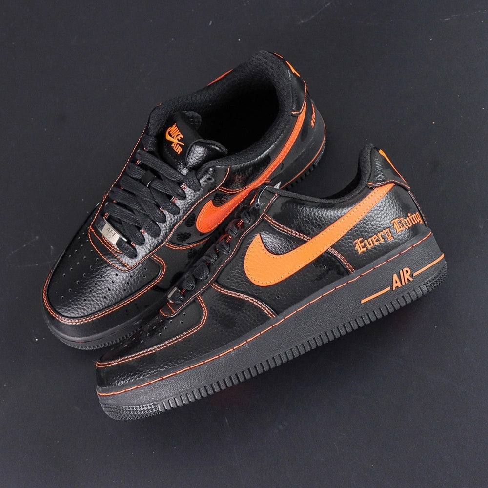 Vlone x NikeLab Air Force 1 Vlone - pair three quarter rear view AIR midsole orange stitching Every Living gothic text Pikachu