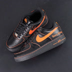 Vlone x NikeLab Air Force 1 Vlone - pair three quarter rear view AIR midsole orange stitching Every Living gothic text Pikachu
