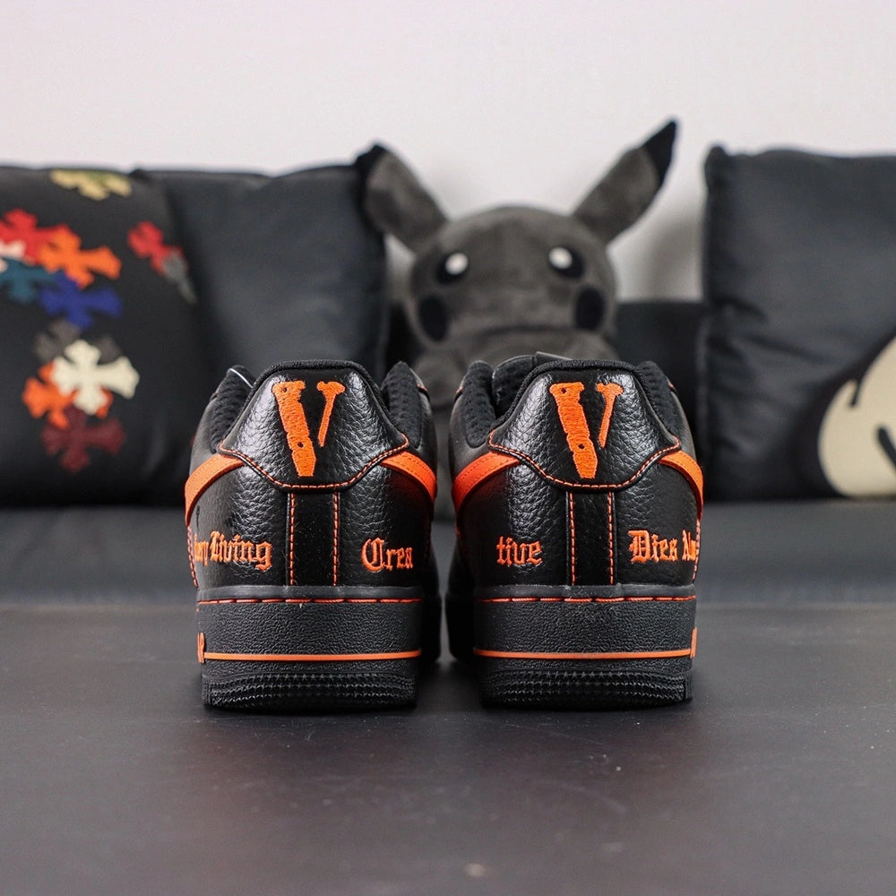 Vlone x NikeLab Air Force 1 Vlone - pair three quarter view Every Dude gothic text orange Swoosh AIR midsole Pikachu