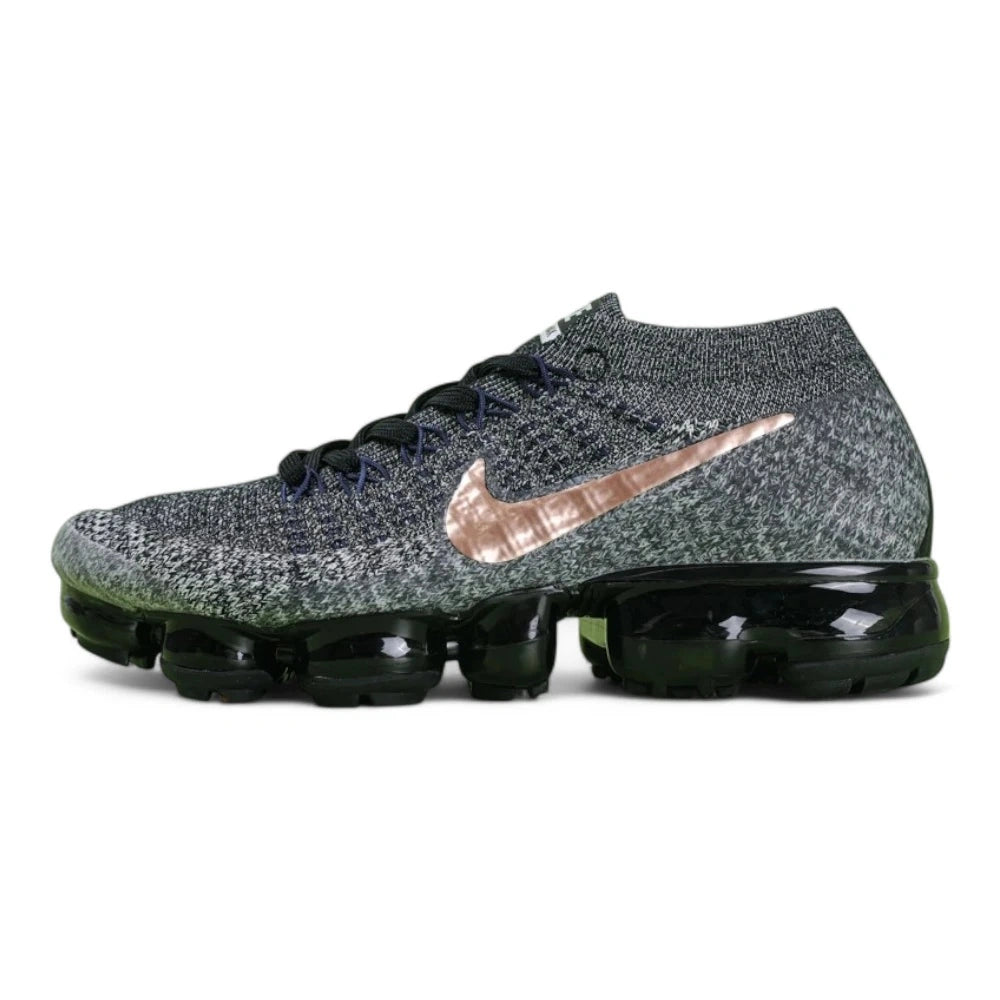 WMNS Air Vapormax Flyknit Explorer Dark — heel three-quarter view with rose gold Swoosh