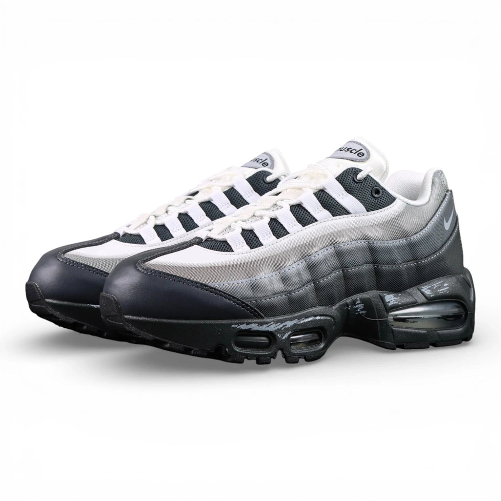 Yu-Gi-Oh x Air Max Muscle 95 QS Jonouchi 2025 — lateral side view grey mesh and navy leather