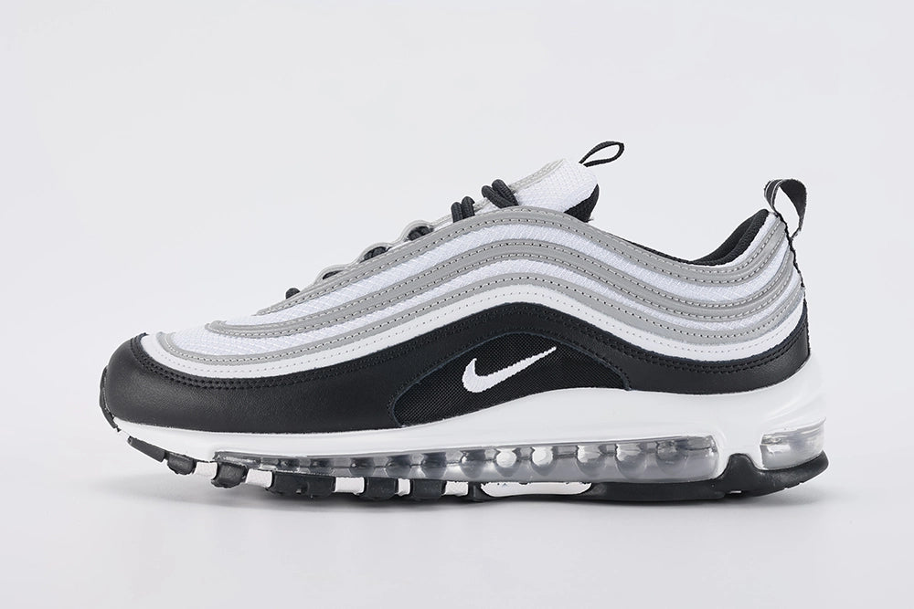 Air Max 97 Black Metallic Silver - Full Medial Profile View on White Background Showing Black Leather AM97 Upper Three Metallic Silver Reflective Stripe Bands on Medial Side and White Midsole with Transparent Heel Air Unit