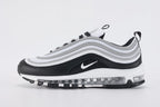 Air Max 97 Black Metallic Silver - Full Medial Profile View on White Background Showing Black Leather AM97 Upper Three Metallic Silver Reflective Stripe Bands on Medial Side and White Midsole with Transparent Heel Air Unit