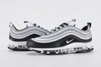Air Max 97 Black Metallic Silver - Full Outsole View on White Background Showing Two-Tone Outsole White Rubber Square-Block Grid Traction at Forefoot Black Rubber at Heel and White Swoosh Logo on Heel Outsole