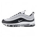 Air Max 97 Black Metallic Silver - Full Lateral Profile View on White Background Showing Black Leather and Ripstop Mesh AM97 Upper Three Parallel Metallic Silver Reflective Wave Stripe Bands White Mini Swoosh and White Midsole with Transparent Full-Length Air Unit
