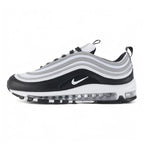 Air Max 97 Black Metallic Silver - Full Lateral Profile View on White Background Showing Black Leather and Ripstop Mesh AM97 Upper Three Parallel Metallic Silver Reflective Wave Stripe Bands White Mini Swoosh and White Midsole with Transparent Full-Length Air Unit