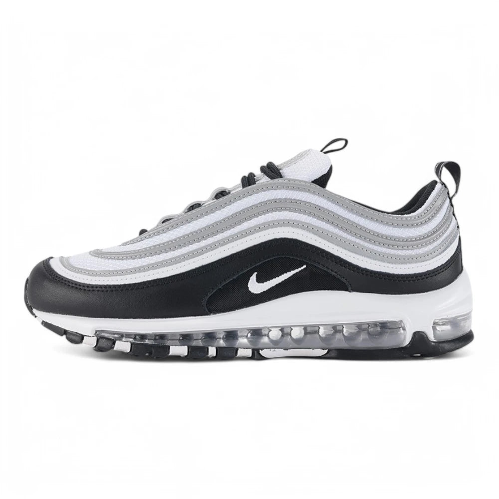 Air Max 97 Black Metallic Silver - Full Lateral Profile View on White Background Showing Black Leather and Ripstop Mesh AM97 Upper Three Parallel Metallic Silver Reflective Wave Stripe Bands White Mini Swoosh and White Midsole with Transparent Full-Length Air Unit