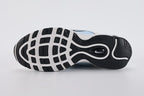Air Max 97 Ghost - Tongue and Lace Area Top Down View on White Background Showing White Tongue Ghost Blue Woven Ribbon Pull Tab with Black Air Max Text White Flat Laces and Sail Perforated Leather Upper with Ghost Blue Wave Stripes