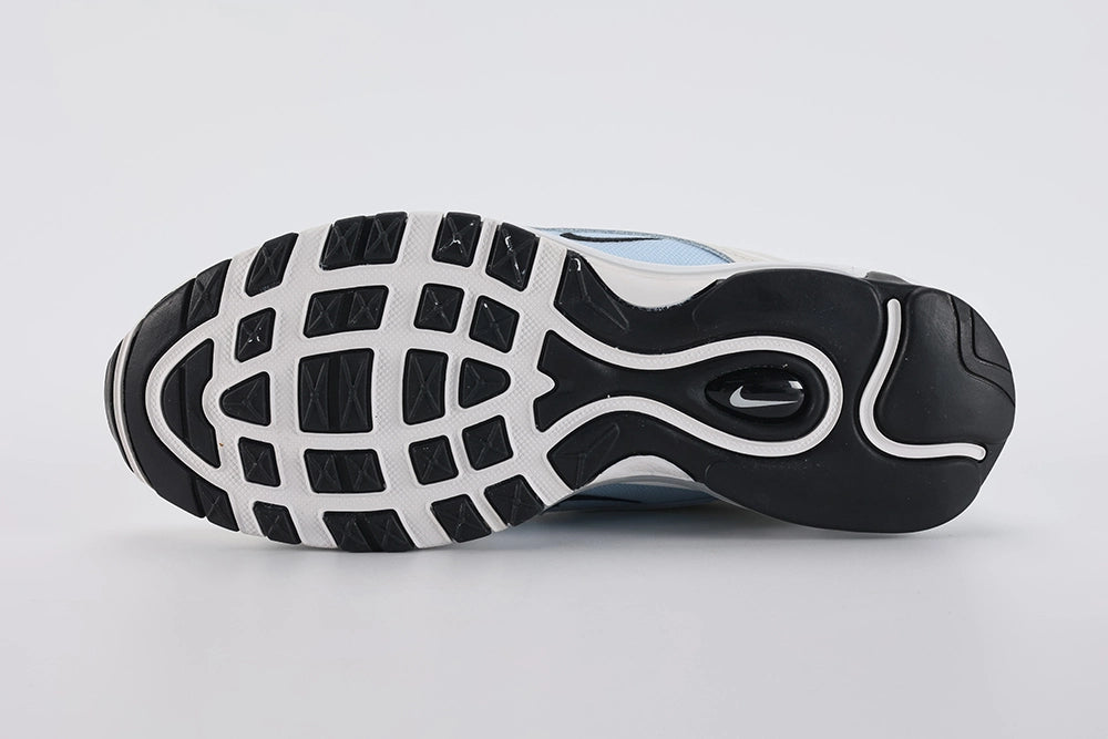 Air Max 97 Ghost - Tongue and Lace Area Top Down View on White Background Showing White Tongue Ghost Blue Woven Ribbon Pull Tab with Black Air Max Text White Flat Laces and Sail Perforated Leather Upper with Ghost Blue Wave Stripes