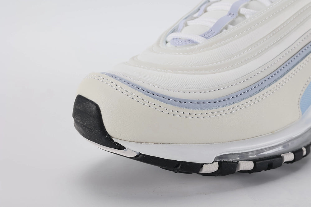 Air Max 97 Ghost - Rear Heel View of Both Shoes on White Background Showing Ghost Blue Woven Ribbon Heel Pull Tabs on Both Sides with Black Air Max Text Sail Leather Heel Counter and Large-Volume Transparent Full-Length AM97 Air Unit in White Midsole
