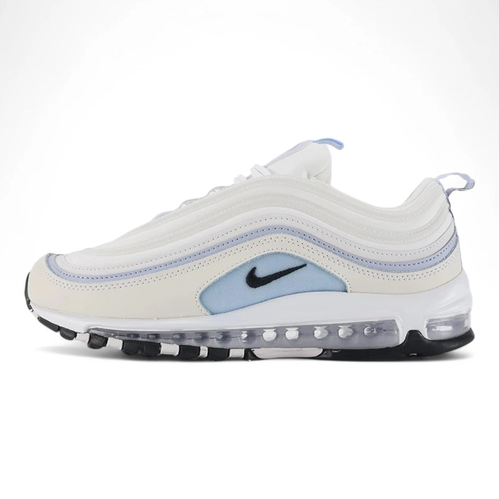 Air Max 97 Ghost - Full Lateral Profile View on White Background Showing Sail Perforated Leather AM97 Upper Three Ghost Blue Matte Wave Stripe Bands Large Ghost Blue Suede Swoosh-Silhouette Panel on Lateral Midfoot and White Midsole with Transparent Full-Length Air Unit