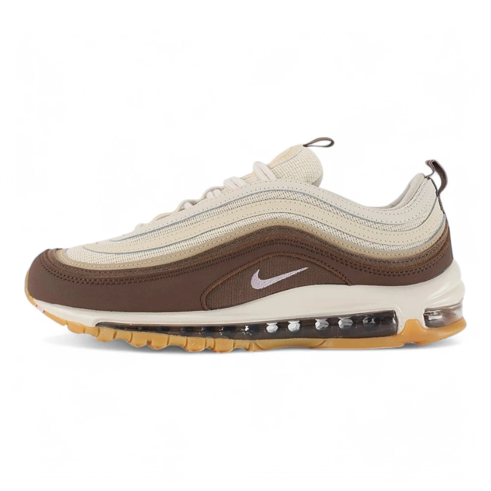 Air Max 97 Muslin Pink Foam - Full Lateral Profile View on White Background Showing Dark Baroque Brown Leather Toe Box Muslin Burlap-Weave Mesh Quarter Panel Three-Tone Graduated Brown Wave Stripe Bands and White Midsole with Pink Foam Accent Line and Gum Outsole