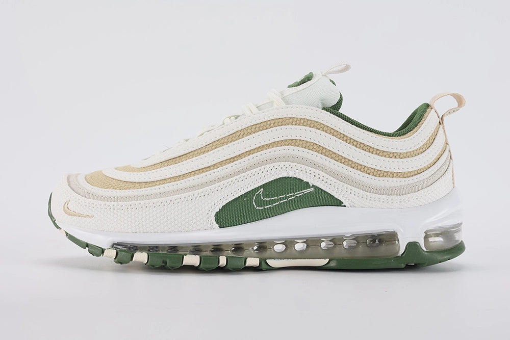 Air Max 97 SE Sun Club Sail Treeline - Rear View of Both Shoes on White Background Showing Sail SUN CLUB Text Woven Ribbon Heel Pull Tabs with Green Embroidery on Both Sides Treeline Green Knit Ankle Collar and Transparent Clear AM97 Air Unit in White Midsole with Treeline Green Outsole