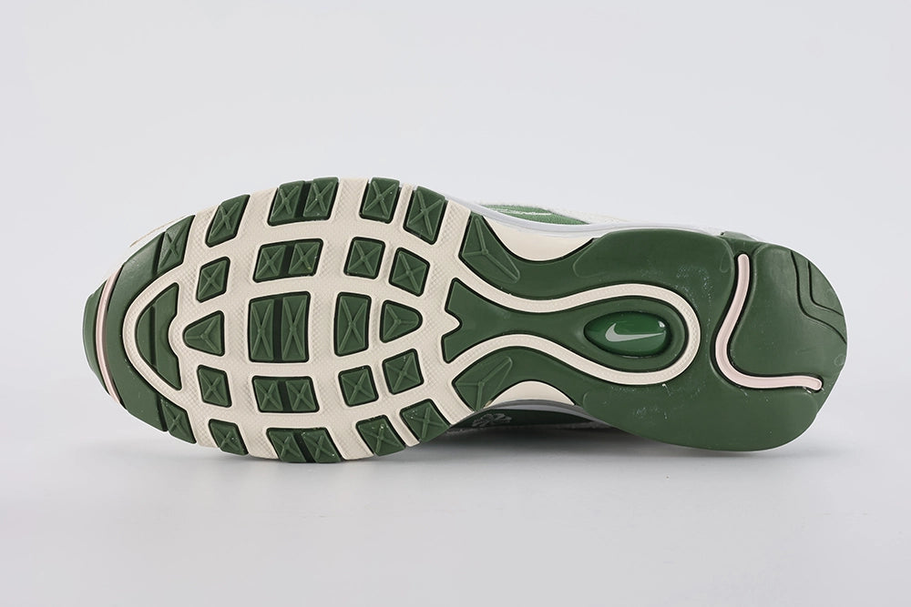 Air Max 97 SE Sun Club Sail Treeline - Tongue and Ankle Collar Close Up on White Background Showing Treeline Green Oval Tongue Badge with White NK Text Embroidery Treeline Green Knit Ankle Collar and Sail Mesh Tongue