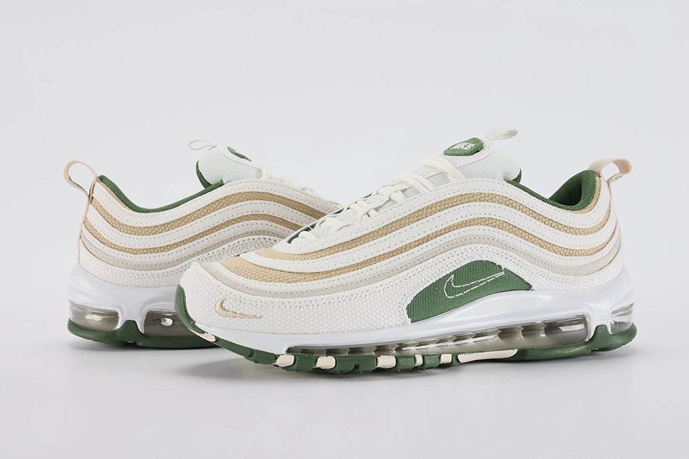 Air Max 97 SE Sun Club Sail Treeline - Full Outsole View on White Background Showing Two-Tone Outsole Sail Off-White Rubber Base with Treeline Green X-Block and Square Traction Pattern at Forefoot Full Treeline Green Heel Zone and Treeline Green Circular Heel Medallion with Green Swoosh Logo