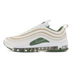 Air Max 97 SE Sun Club Sail Treeline - Full Lateral Profile View on White Background Showing Sail Perforated Mesh AM97 SE Upper Three-Textile Wave Stripe Bands Tan Burlap Mid-Stripe Silver Metallic Lower Stripe Tan Swoosh Embroidery and White Midsole with Clear Air Unit and Treeline Green Outsole Wrap