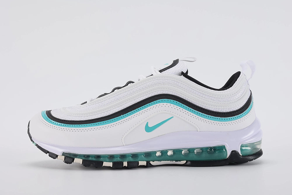Air Max 97 Teal - Rear Heel View of Both Shoes on White Background Showing White Leather Heel Counter Black Textile Ankle Collar with Teal Lining and Teal Aqua Tinted Semi-Transparent AM97 Air Unit Prominently Visible in White Midsole