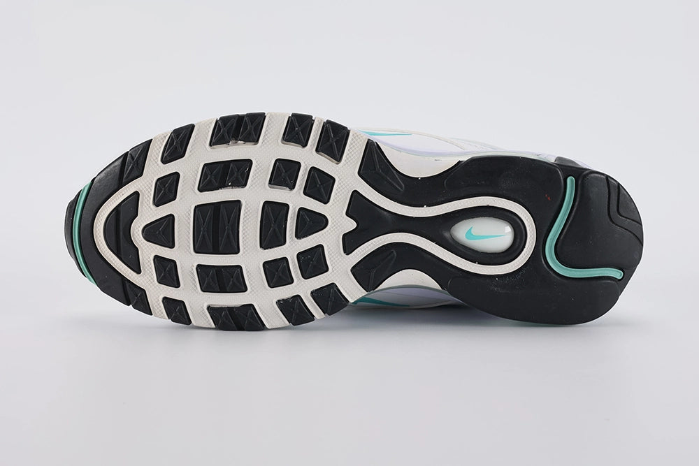 Air Max 97 Teal - Three-Quarter Lateral View of Both Shoes on White Background Showing White Perforated Leather AM97 Upper Vivid Teal Mid-Stripe Running Full Lateral Side Black Lower Stripe and Teal-Tinted Heel Air Unit in White Midsole