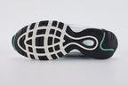 Air Max 97 Teal - Three-Quarter Lateral View of Both Shoes on White Background Showing White Perforated Leather AM97 Upper Vivid Teal Mid-Stripe Running Full Lateral Side Black Lower Stripe and Teal-Tinted Heel Air Unit in White Midsole