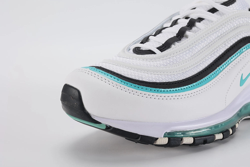 Air Max 97 Teal - Tongue Close Up on White Background Showing White Tongue Circular White Leather Badge with Teal Swoosh Embroidery Black Textile Ankle Collar and White Flat Laces with Black Metal Aglets