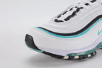 Air Max 97 Teal - Tongue Close Up on White Background Showing White Tongue Circular White Leather Badge with Teal Swoosh Embroidery Black Textile Ankle Collar and White Flat Laces with Black Metal Aglets