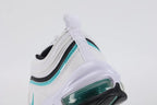 Air Max 97 Teal - Toe Box Close Up on White Background Showing White Perforated Leather with Dense Small-Circle Perforation Pattern White Fine Ripstop Mesh Quarter Panel Teal Mid-Stripe and Black Lower Stripe Wave Bands