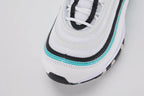 Air Max 97 Teal - Heel Counter and Ankle Collar Close Up on White Background Showing White Leather Heel Counter Black Textile Ankle Collar Teal Collar Lining and Teal-Tinted AM97 Air Unit in White Midsole with Black Midsole Edge