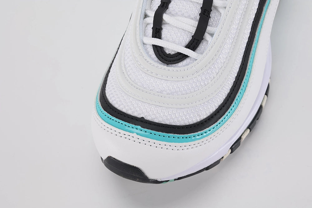 Air Max 97 Teal - Heel Counter and Ankle Collar Close Up on White Background Showing White Leather Heel Counter Black Textile Ankle Collar Teal Collar Lining and Teal-Tinted AM97 Air Unit in White Midsole with Black Midsole Edge