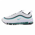 Air Max 97 Teal - Full Lateral Profile View on White Background Showing White Perforated Leather AM97 Upper Three-Colour Wave Stripe Bands White Upper Teal Mid-Stripe and Black Lower Stripe Teal Mini Swoosh on Lateral Midfoot and White Midsole with Teal-Tinted AM97 Air Unit