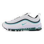 Air Max 97 Teal - Full Lateral Profile View on White Background Showing White Perforated Leather AM97 Upper Three-Colour Wave Stripe Bands White Upper Teal Mid-Stripe and Black Lower Stripe Teal Mini Swoosh on Lateral Midfoot and White Midsole with Teal-Tinted AM97 Air Unit