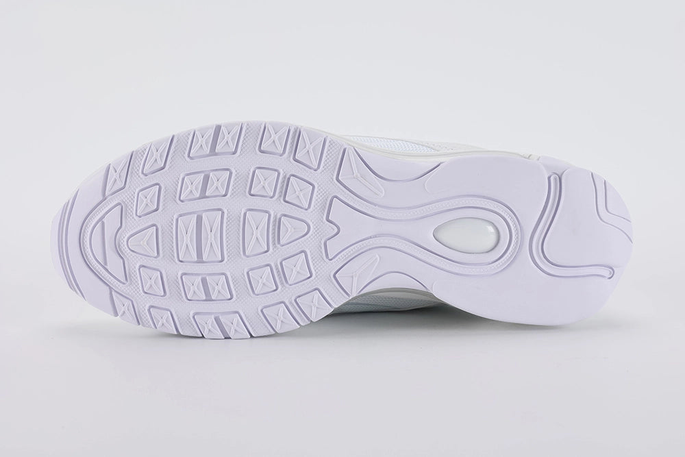 Air Max 97 Triple White - Rear Heel View of Both Shoes on White Background Showing White Leather Heel Counter Ice Blue Ankle Collar Lining and Large-Volume Transparent Clear AM97 Air Unit in White Midsole