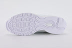Air Max 97 Triple White - Rear Heel View of Both Shoes on White Background Showing White Leather Heel Counter Ice Blue Ankle Collar Lining and Large-Volume Transparent Clear AM97 Air Unit in White Midsole