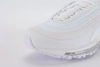 Air Max 97 Triple White - Toe Box and Quarter Panel Top Down View on White Background Showing White Perforated Leather Toe Box White Iridescent Mesh Quarter Panel Three Tonal White Wave Stripe Bands and White Flat Laces