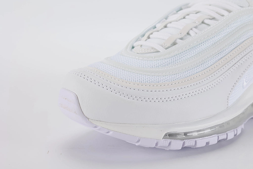 Air Max 97 Triple White - Toe Box and Quarter Panel Top Down View on White Background Showing White Perforated Leather Toe Box White Iridescent Mesh Quarter Panel Three Tonal White Wave Stripe Bands and White Flat Laces