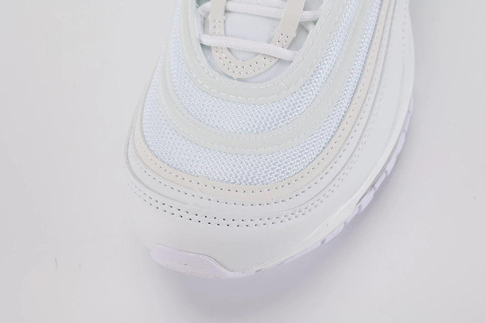 Air Max 97 Triple White - Full Outsole View on White Background Showing Full White Rubber AM97 Outsole X-Block and Square Traction Pattern Triple-White Outsole with No Colour Contrast