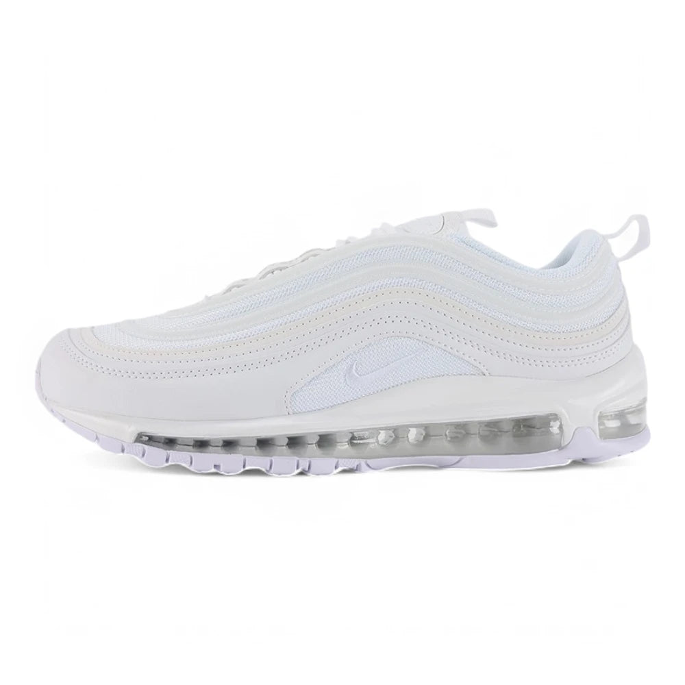Air Max 97 Triple White - Full Lateral Profile View on White Background Showing Full White AM97 Upper Three-Material Tonal Wave Stripe Bands White Iridescent Mesh Quarter Panel White Perforated Leather Overlays and White Midsole with Transparent Clear AM97 Air Unit