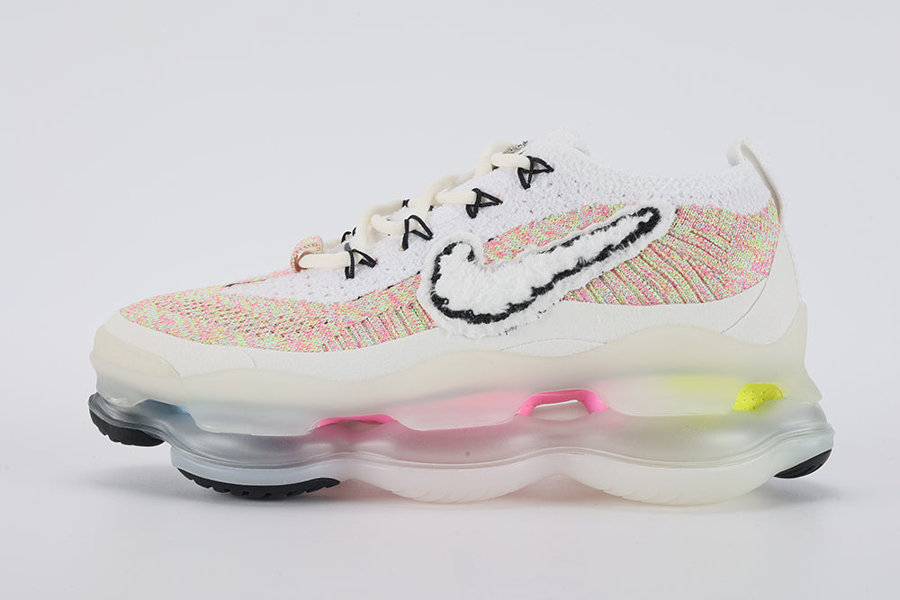 Air Max Scorpion Air Max Day - Toe Box and Quarter Panel Close Up on White Background Showing White Fine-Knit Flyknit Toe Box Multicolour Rainbow Flyknit Stripe Bands Pink Volt Mint Green Sky Blue and Frosted White AM Scorpion Multi-Chamber Midsole at Forefoot
