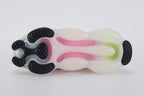 Air Max Scorpion Air Max Day - Heel Counter Close Up on White Background Showing White Woven Ribbon Heel Pull Tab with Black Dot-Texture Rubber Patch at Top Multicolour Rainbow Flyknit Extending to Lateral Heel Panel and Volt Neon Yellow Air Chamber Visible Through Frosted White Midsole Wall