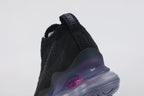Air Max Scorpion Flyknit Black Persian Violet - Lace Area Close Up on White Background Showing Black Star-Form Plastic Lace Locks Royal Blue Dot-Grid Tongue Badge Black Coarse Loop-Pile Flyknit Quarter Panel and Slate Blue AM Scorpion Air Unit at Lateral Midfoot