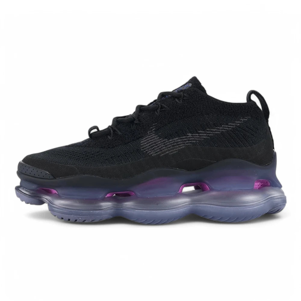 Air Max Scorpion Flyknit Black Persian Violet - Full Lateral Profile View on White Background Showing Black Coarse Loop-Pile Flyknit AM Scorpion Flyknit Upper Black Perforated Leather Toe Cap Black Tonal Swoosh and Persian Violet to Slate Blue Gradient Semi-Transparent AM Scorpion Air Unit with Fuchsia Chambers