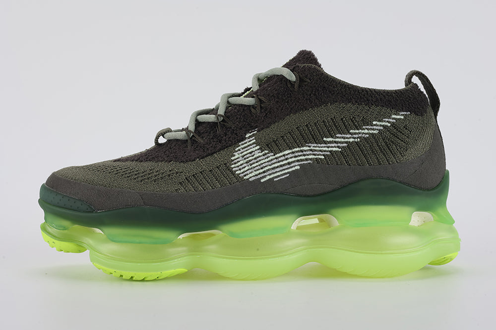 Air Max Scorpion Flyknit Cargo Khaki Volt - Toe Box Top Down View on White Background Showing Cargo Khaki Fine-Knit Flyknit Toe Box Volt Neon Yellow Mini Swoosh Embroidery Black X-Form Lace Locks Grey Flat Laces Volt Oval Lace Keeper with White Dot-Grid Texture and Volt AM Scorpion Air Unit at Forefoot