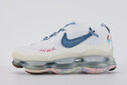 Air Max Scorpion Flyknit Just Do It White Diffused Blue - Toe Box Top Down View on White Background Showing White Fine-Knit Flyknit Toe Box Dark Brown Mini Swoosh Embroidery Hot Pink Italic JUST DO IT Embroidery on Lateral Quarter Panel Diffused Blue Terry Laces and Woven JUST OREGON USA Tongue Label