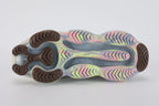 Air Max Scorpion Flyknit Just Do It White Diffused Blue - Lace Area Top Down Close Up on White Background Showing Woven Tongue Label with JUST in Hot Pink Volt Text and OREGON USA in Volt Yellow-Green on Diffused Blue Background Diffused Blue Terry Laces White Zigzag Stitching and Diffused Blue Terry Swoosh on Lateral Midfoot