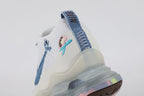 Air Max Scorpion Flyknit Just Do It White Diffused Blue - Full Lateral Three-Quarter View on White Background Showing Both Shoes White Terry Flyknit Upper Diffused Blue Terry Swoosh Hot Pink JUST DO IT Slogan Embroidery Diffused Blue Terry Laces and Frosted Grey AM Scorpion Air Unit with Multicolour Iridescent Outsole