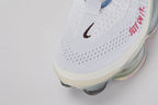 Air Max Scorpion Flyknit Just Do It White Diffused Blue - Product Shot with Box on White Background Showing Both Shoes White Terry Flyknit Upper Diffused Blue Terry Swoosh Hot Pink JUST DO IT Embroidery and Frosted Grey AM Scorpion Air Unit with Multicolour Iridescent Outsole
