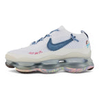 Air Max Scorpion Flyknit Just Do It White Diffused Blue - Full Lateral Profile View on White Background Showing White Dual-Texture Flyknit AM Scorpion Upper Diffused Blue Terry Cloth Swoosh Patch with Raw Edges Hot Pink JUST DO IT Slogan Embroidery Diffused Blue Terry Laces and Frosted Grey AM Scorpion Air Unit with Multicolour Iridescent Outsole