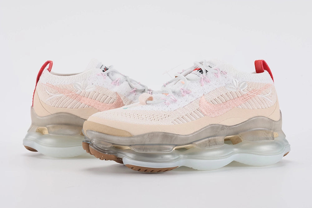Air Max Scorpion Flyknit Leap High 2 Guava Ice Teal University Red - Full Outsole View on White Background Showing Frosted Clear Near-Transparent AM Scorpion Air Base Gum Tan-Brown Rubber Chevron Traction Pods at Forefoot and Heel Corners and Cream Off-White Central Air Chamber Base Zone