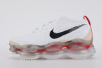 Air Max Scorpion Flyknit Leap High White Black Teal University Red - Heel Strap Close Up on White Background Showing University Red Quilted Leather Heel Strap with Diamond Quilted Texture Red Edge Stitching and Silver Metal Rectangular Logo Badge at Strap Top with Cream Nubuck Heel Counter Overlay and Frosted Clear AM Scorpion Air Unit at Heel with University Red Chambers