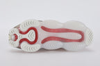 Air Max Scorpion Flyknit Leap High White Black Teal University Red - Toe Box Top Down View on White Background Showing White Terry Loop-Pile Flyknit Toe Box Teal Mini Swoosh Embroidery and Frosted Clear AM Scorpion Air Unit at Forefoot with University Red Air Chambers Visible